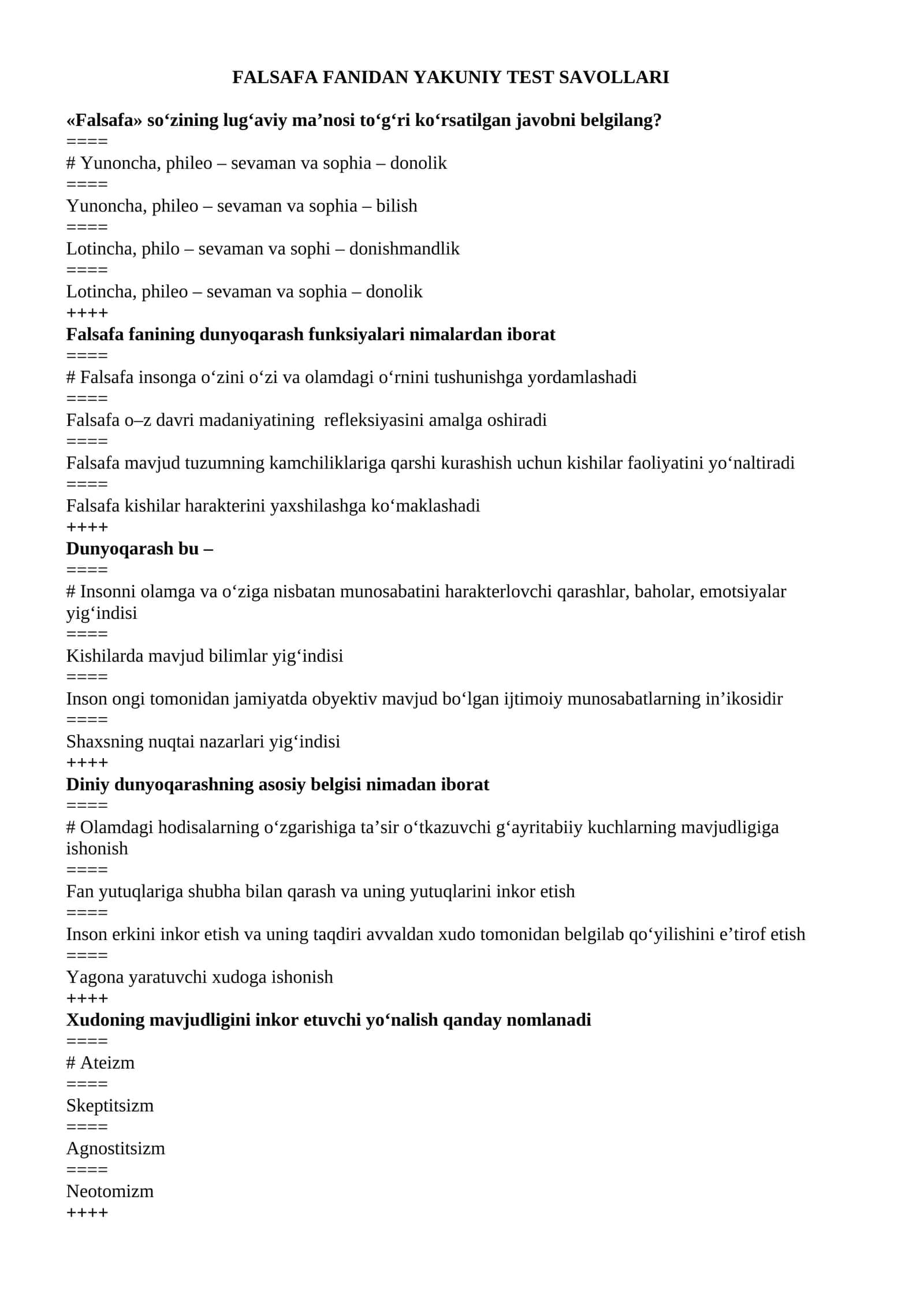 FALSAFADAN TEST SAVOLLARI 1