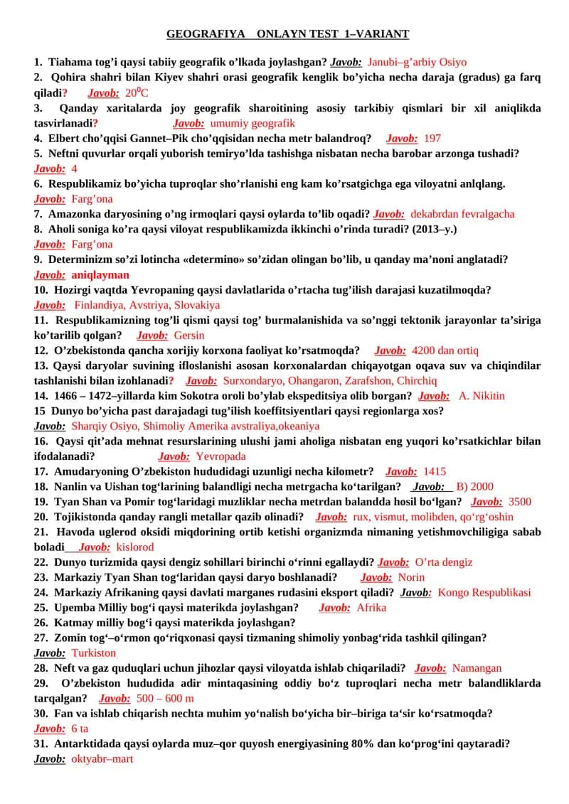 GEOGRAFIYA ONLAYN TEST 1–VARIANT 1