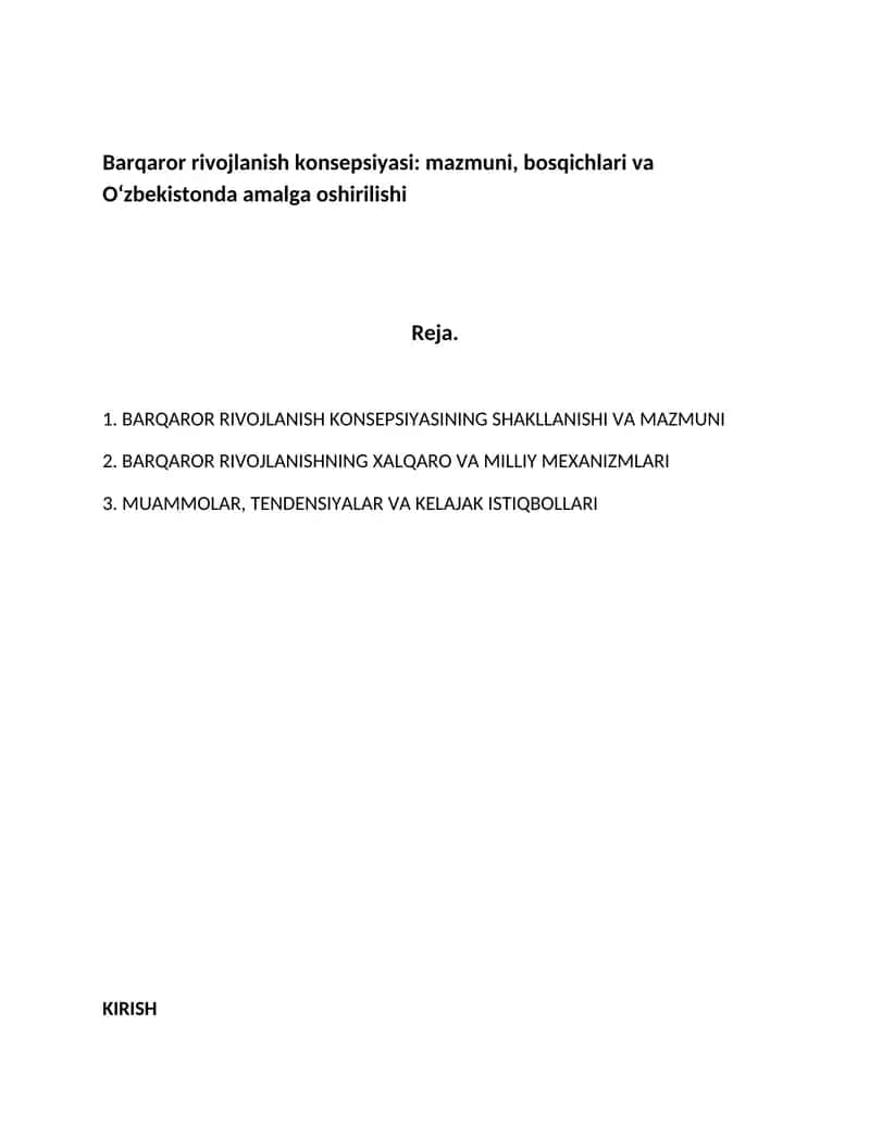Barqaror rivojlanish konsepsiyasi: mazmuni, bosqichlari va Oʻzbekistonda amalga oshirilishi 1