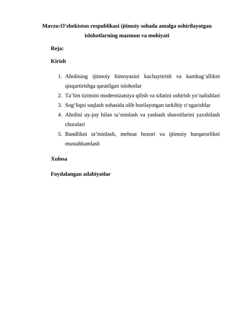 O'zbekiston respublikasi ijtimoiy sohada amalga oshirilayotgan islohotlarning mazmun va mohiyati 1
