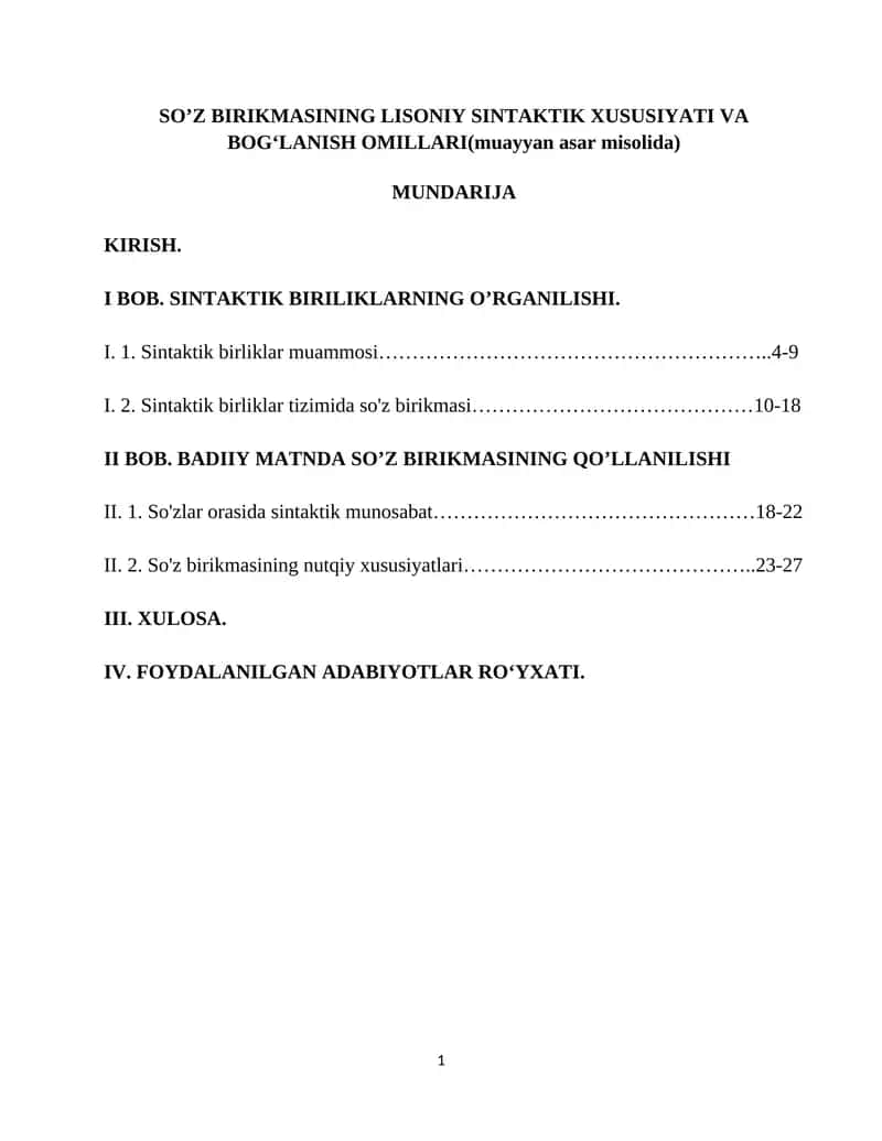 SOʼZ BIRIKMASINING LISONIY SINTAKTIK XUSUSIYATI VA BOG‘LANISH OMILLARI (muayyan asar misolida) 1
