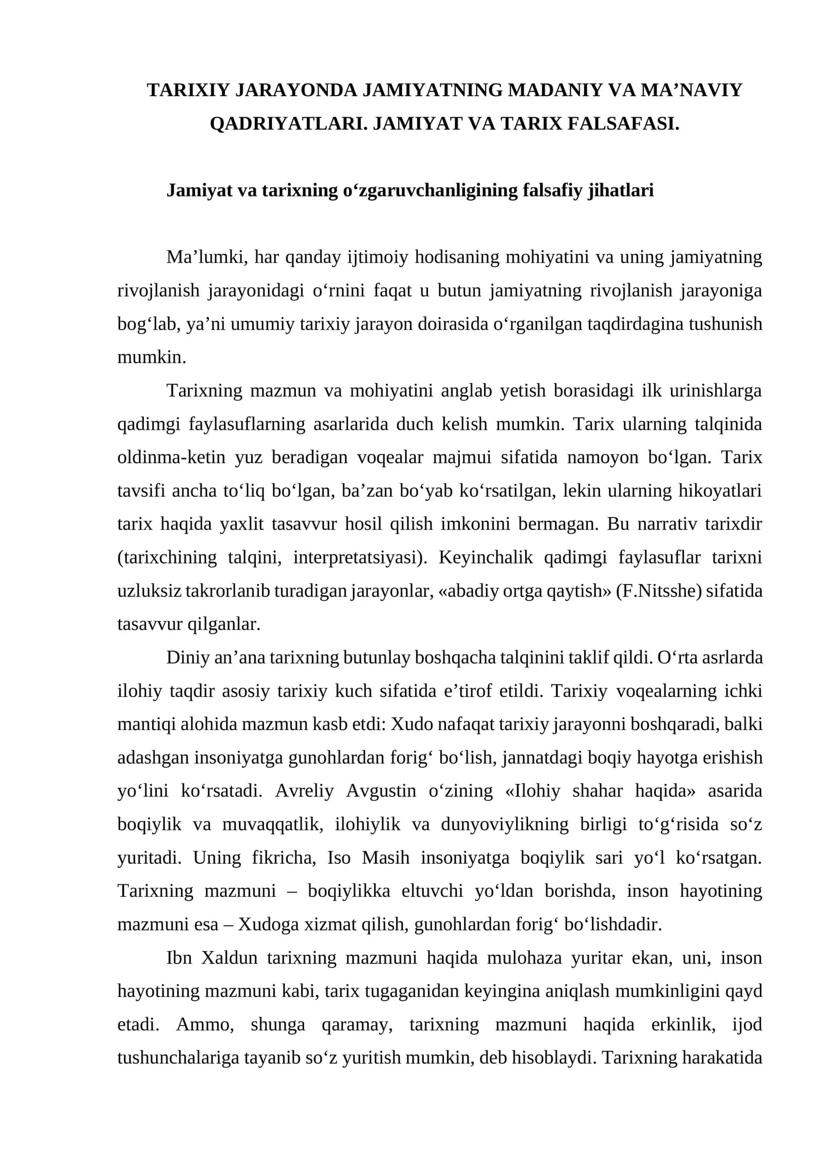 TARIXIY JARAYONDA JAMIYATNING MADANIY VA MA’NAVIY QADRIYATLARI. JAMIYAT VA TARIX FALSAFASI 1