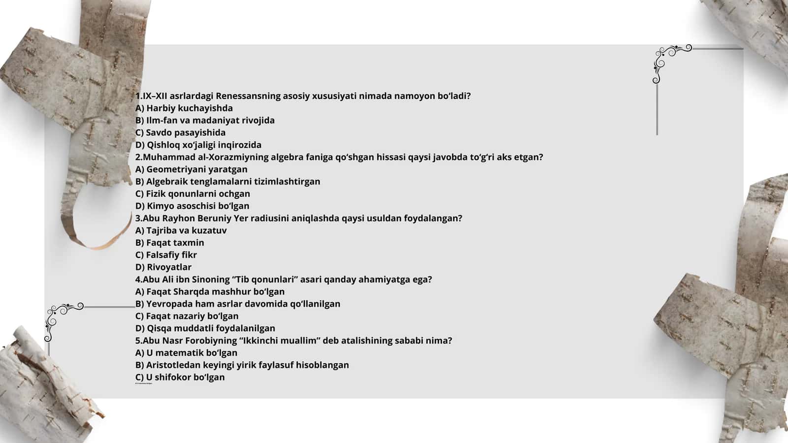 IX–XII asrlardagi Renessansning  test 1
