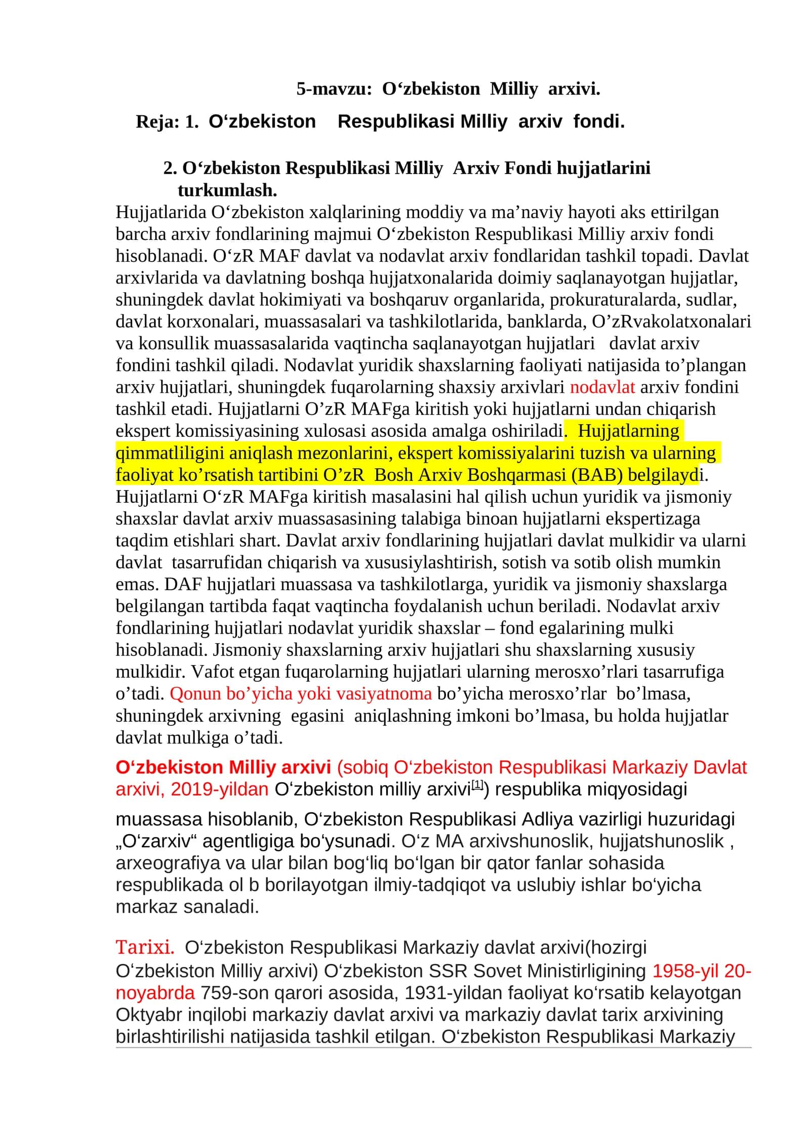 5-mavzu: O‘zbekiston Milliy arxivi 1