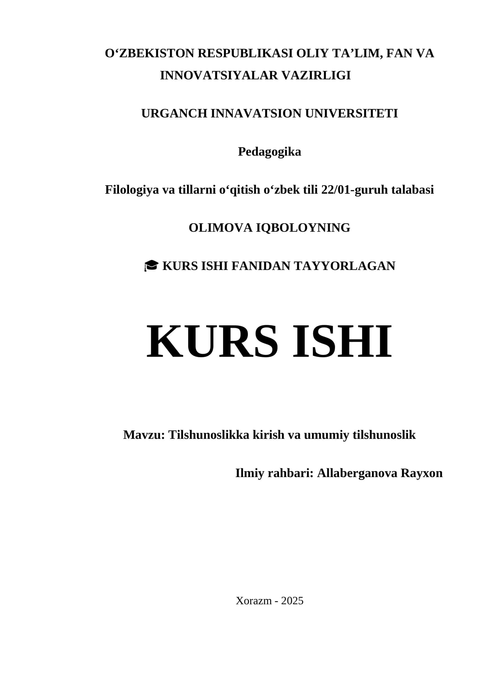 Tilshunoslikka kirish va umumiy tilshunoslik kurs ishi 1