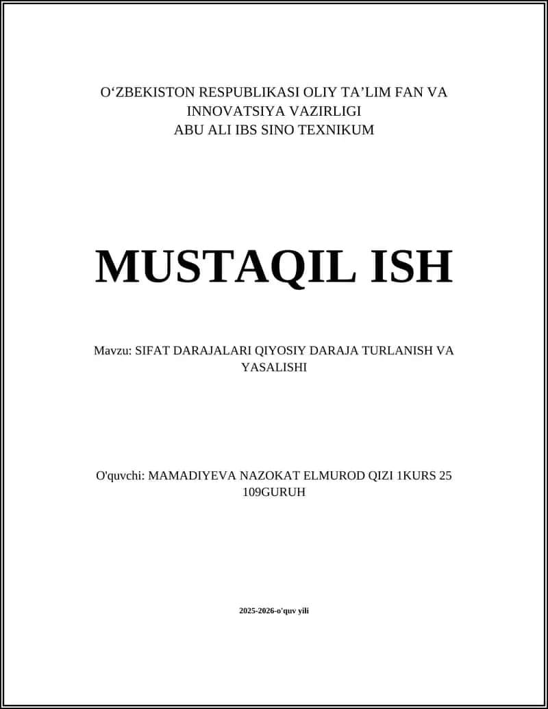 Sifat darajalari Qiyoysi Daraja Turlanishi va Yasalishi 1