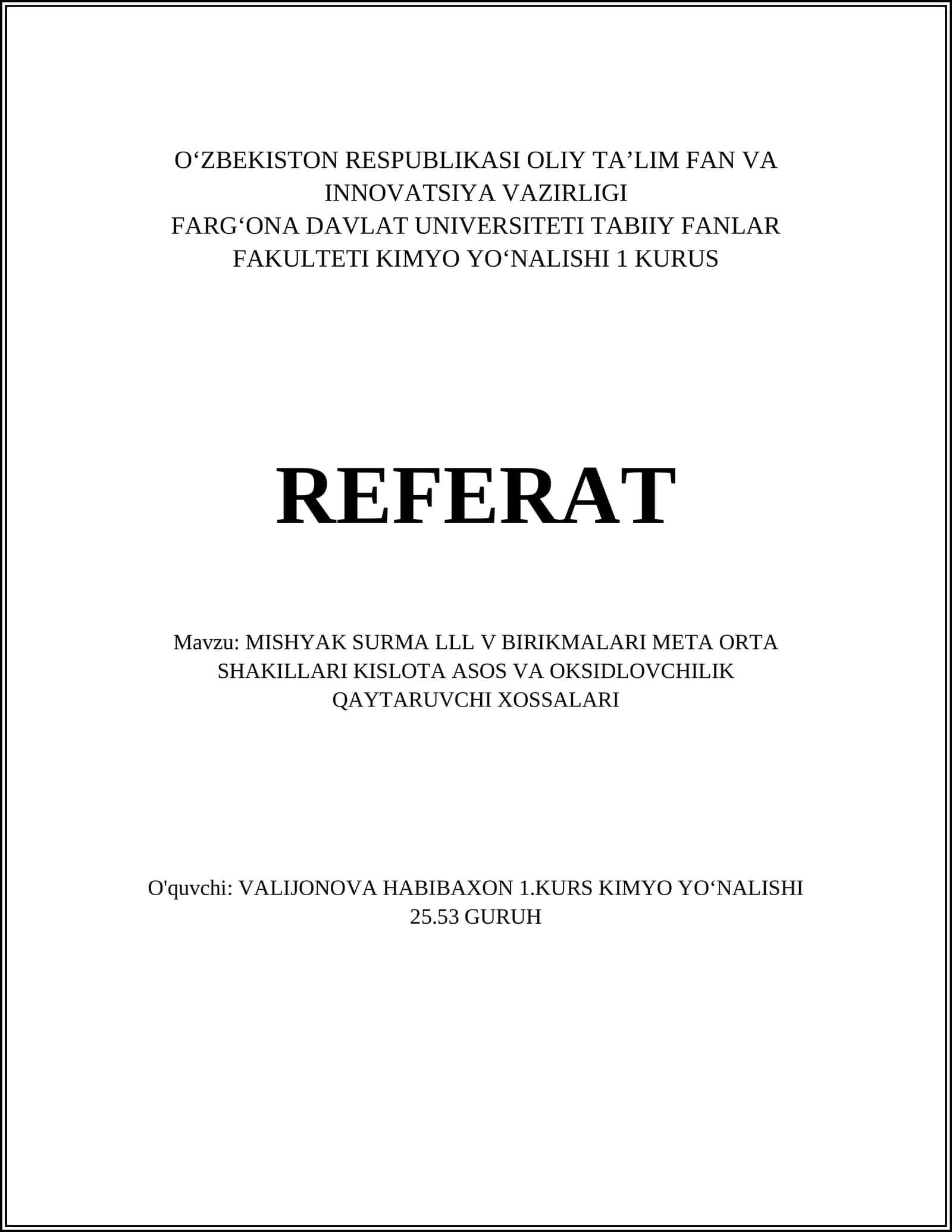 MISHYAK SURMA LLL V BIRIKMALARI META ORTA SHAKILLARI KISLOTA ASOS VA OKSIDLOVCHILIK QAYTARUVCHI XOSSALARI 1