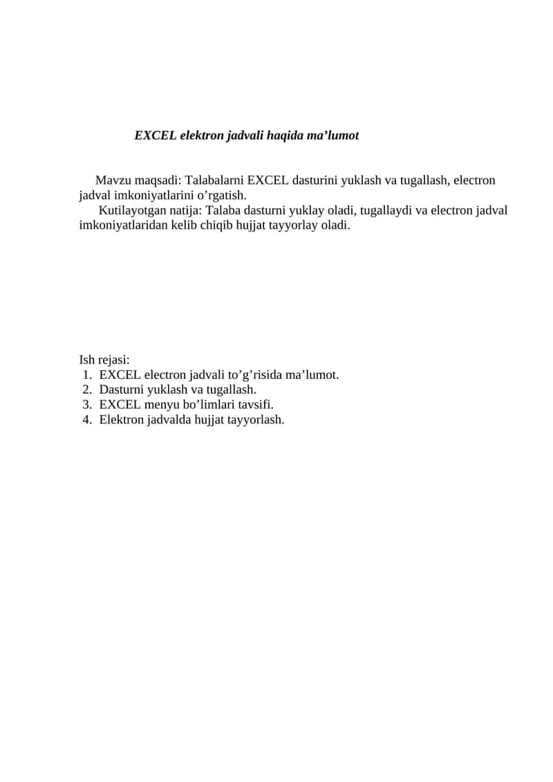 EXCEL elektron jadvali haqida ma’lumot 1