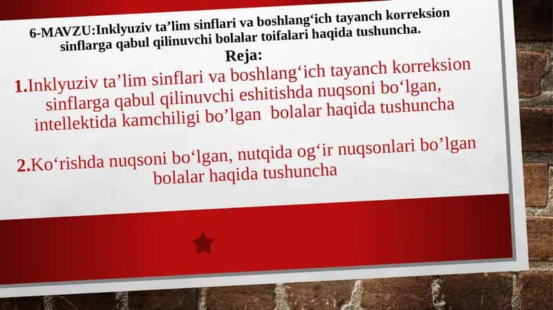 Inklyuziv ta’lim sinflari va boshlang‘ich tayanch korreksion sinflarga qabul qilinuvchi bolalar toifalari haqida tushuncha 1