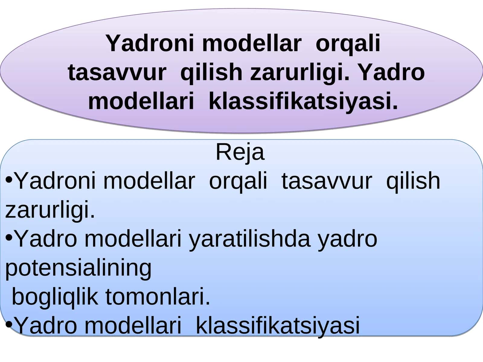 Yadroni modellar orqali tasavvur qilish zarurligi. Yadro modellari klassifikatsiyasi 1
