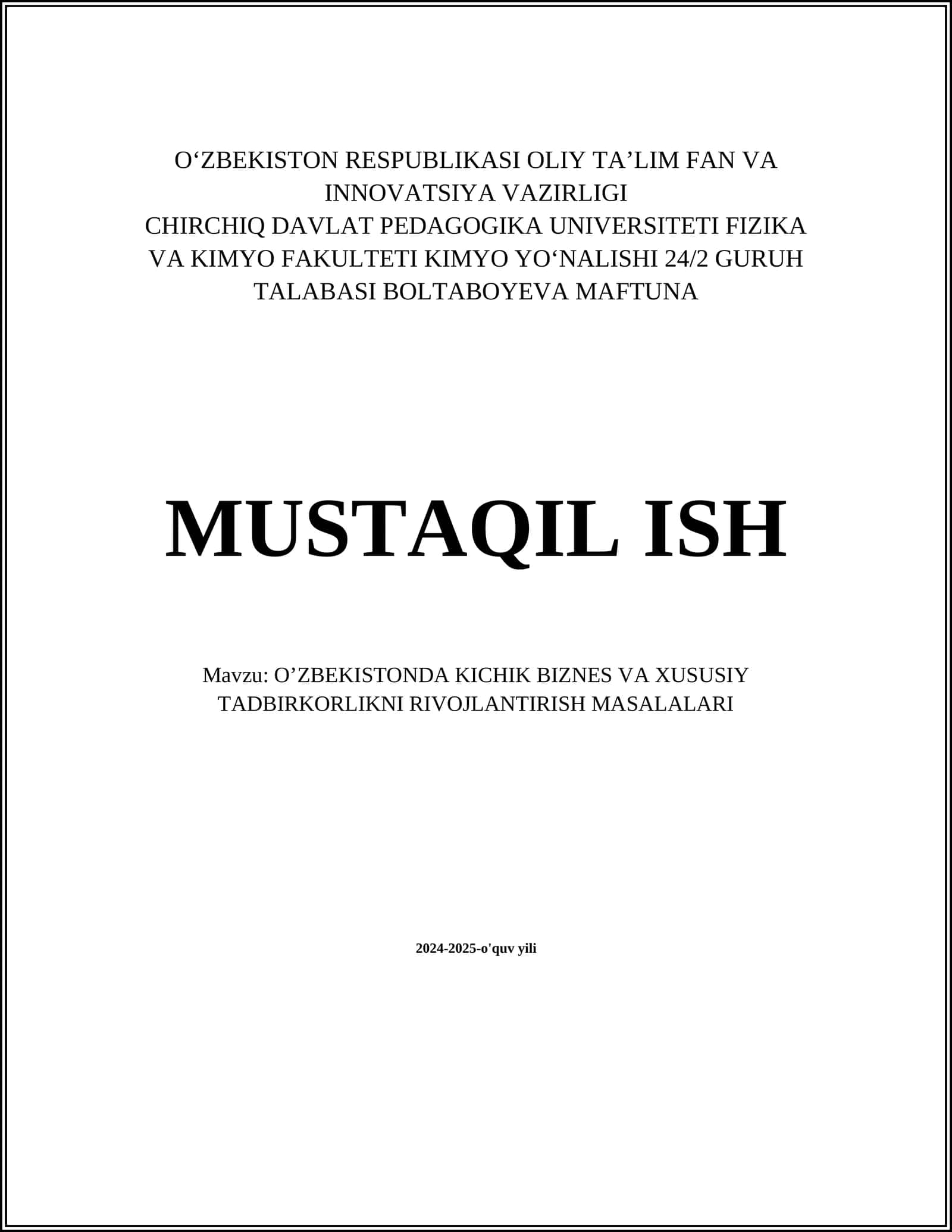 O’ZBEKISTONDA KICHIK BIZNES VA XUSUSIY TADBIRKORLIKNI RIVOJLANTIRISH MASALALARI 1