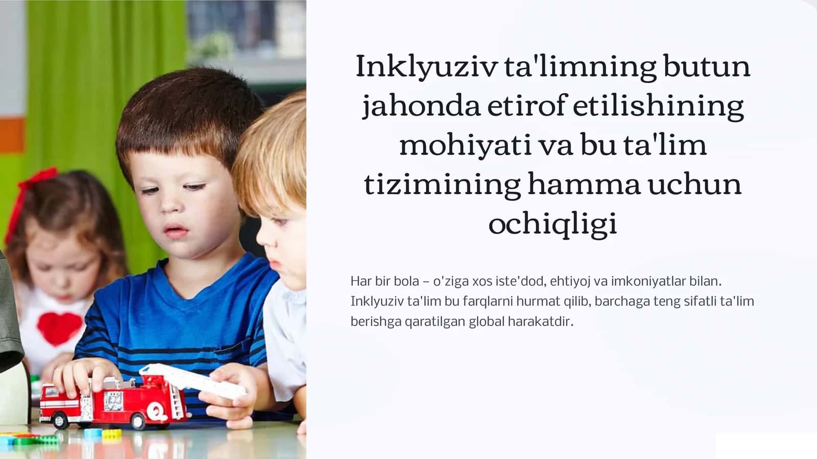 Inklyuziv ta'limning butun jahonda etirof etilishining mohiyati va bu ta'lim tizimining hammasi uchun ochiqligi 1