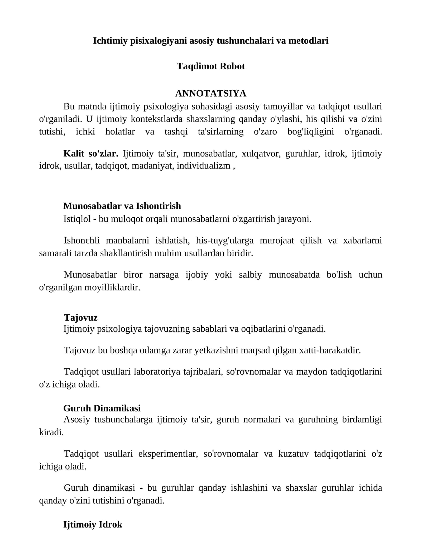 Ichtimiy pisixalogiyani asosiy tushunchalari va metodlari 1