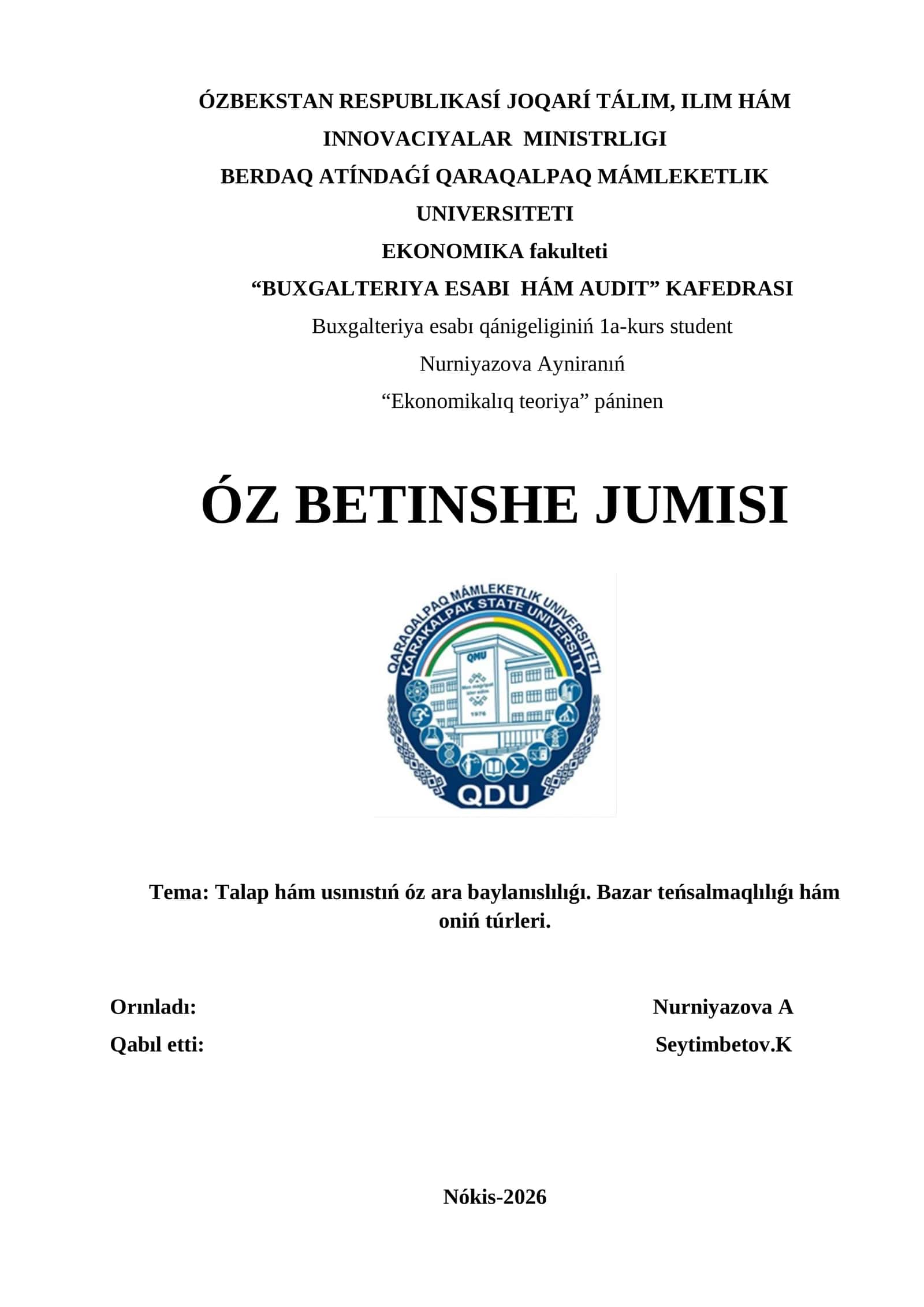 Talap hám usınıstıń óz ara baylanıslılıǵı. Bazar teńsalmaqlılıǵı hám oniń túrleri 1