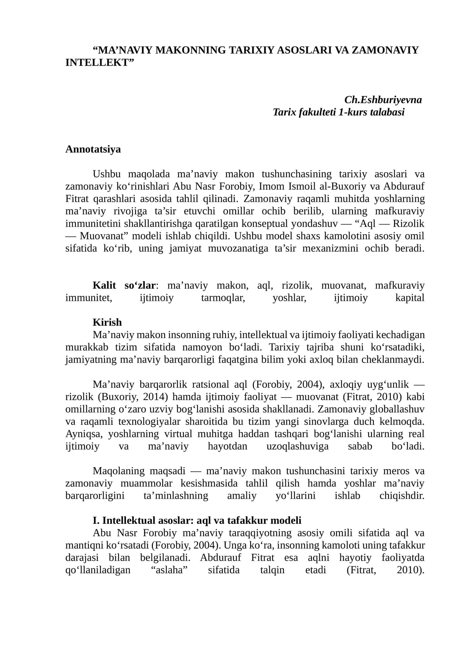 MA’NAVIY MAKONNING TARIXIY ASOSLARI VA ZAMONAVIY INTELLEKT 1