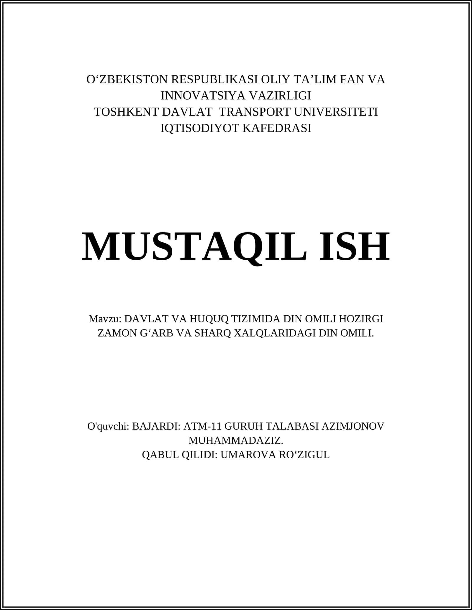 DAVLAT VA HUQUQ TIZIMIDA DIN OMILI HOZIRGI ZAMON GʻARB VA SHARQ XALQLARIDAGI DIN OMILI 1