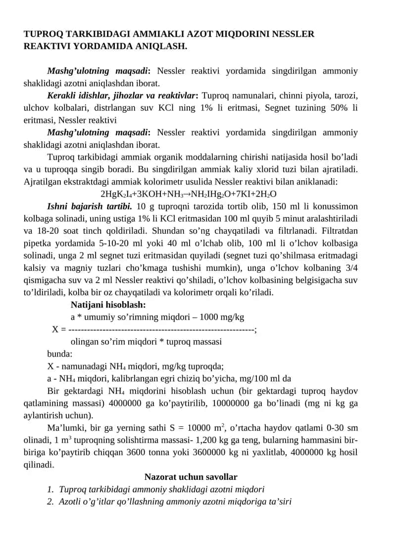TUPROQ TARKIBIDAGI AMMIAKLI AZOT MIQDORINI NESSLER REAKTIVI YORDAMIDA ANIQLASH 1