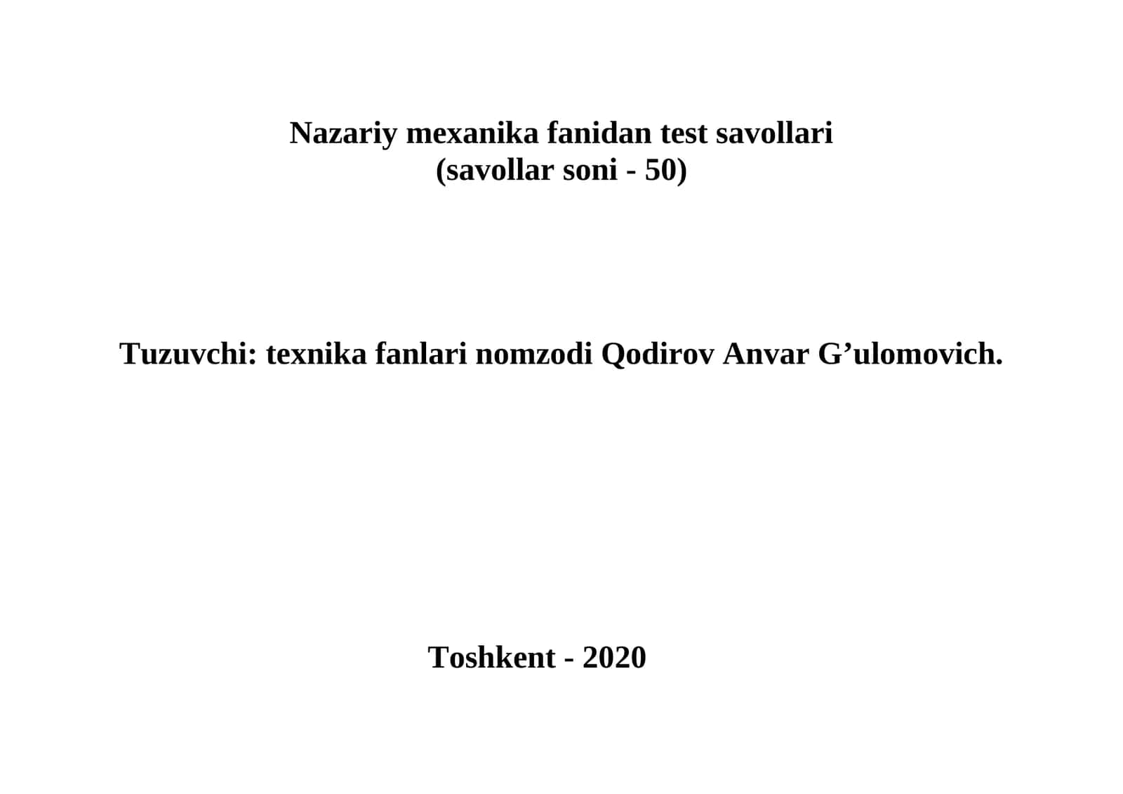 Nazariy mexanika fanidan test savollari 1