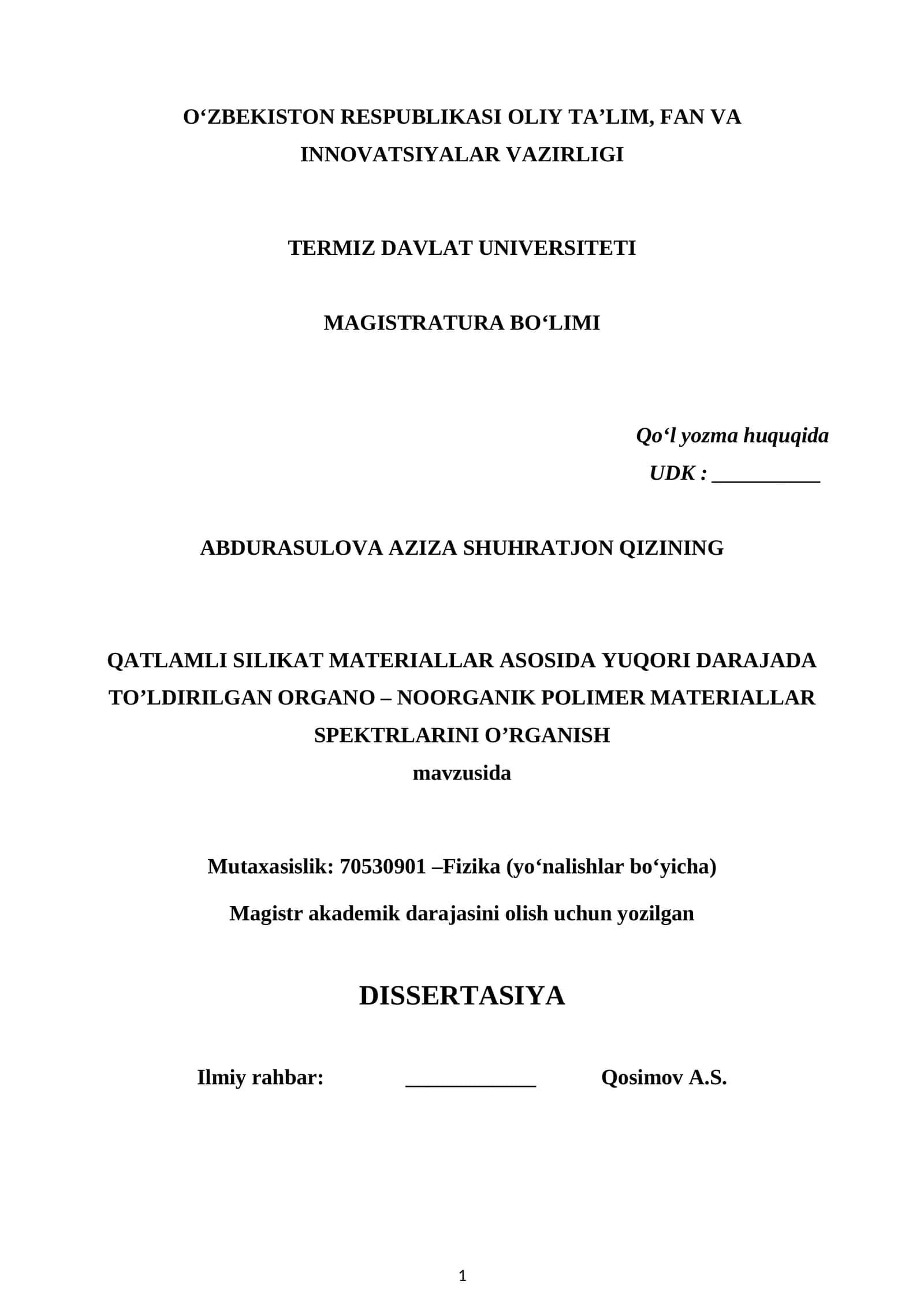 QATLAMLI SILIKATLAR BILAN TO’LDIRILGAN ORGANO – NOORGANIK POLIMER MATERIALLAR 1