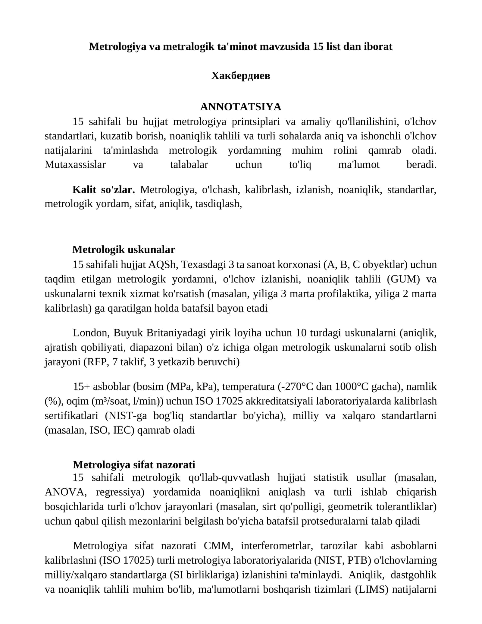 Metrologiya va metralogik ta'minot mavzusida 15 list dan iborat 1