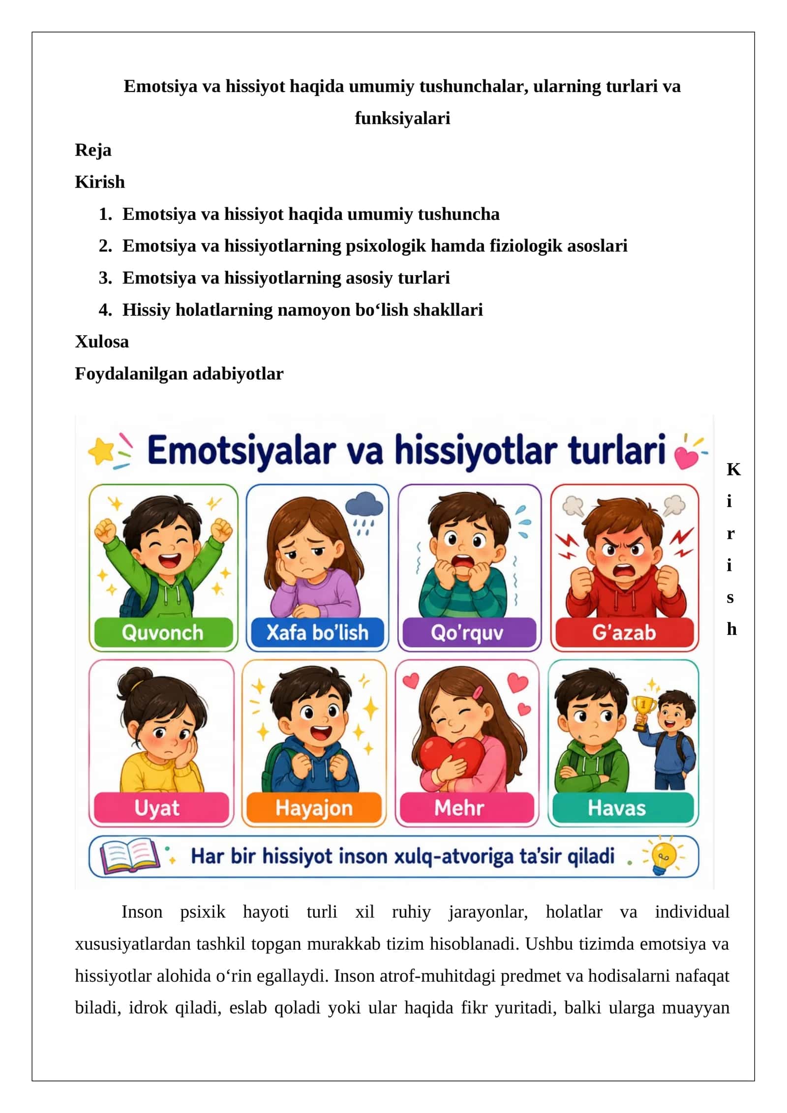 Emotsiya va hissiyot haqida umumiy tushunchalar, 1