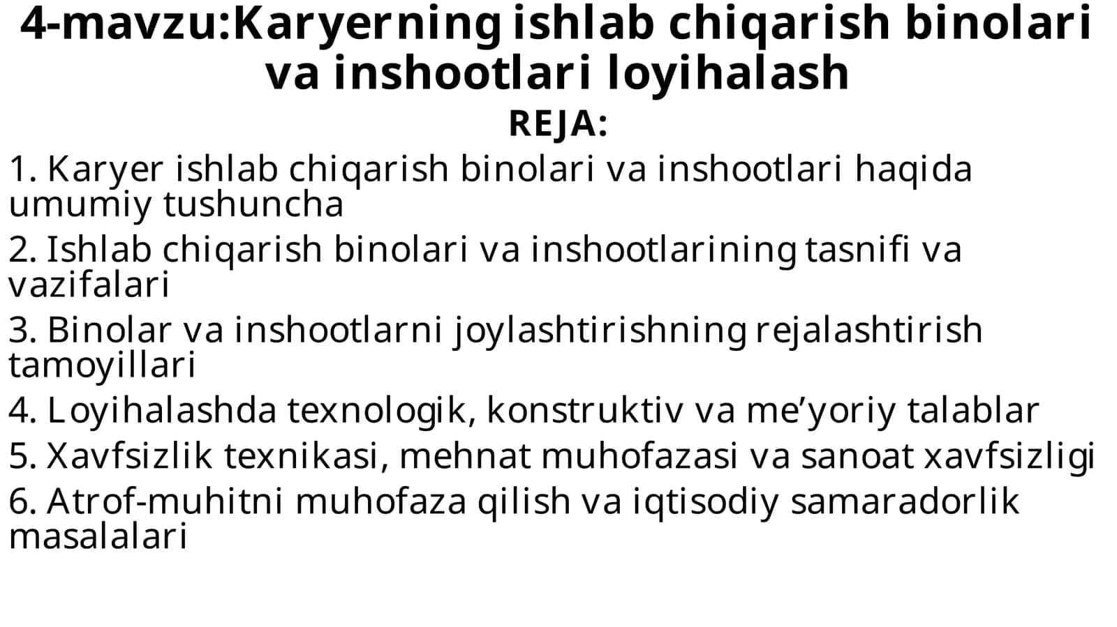 Karyerning ishlab chiqarish binolari va inshootlari loyihalash 1
