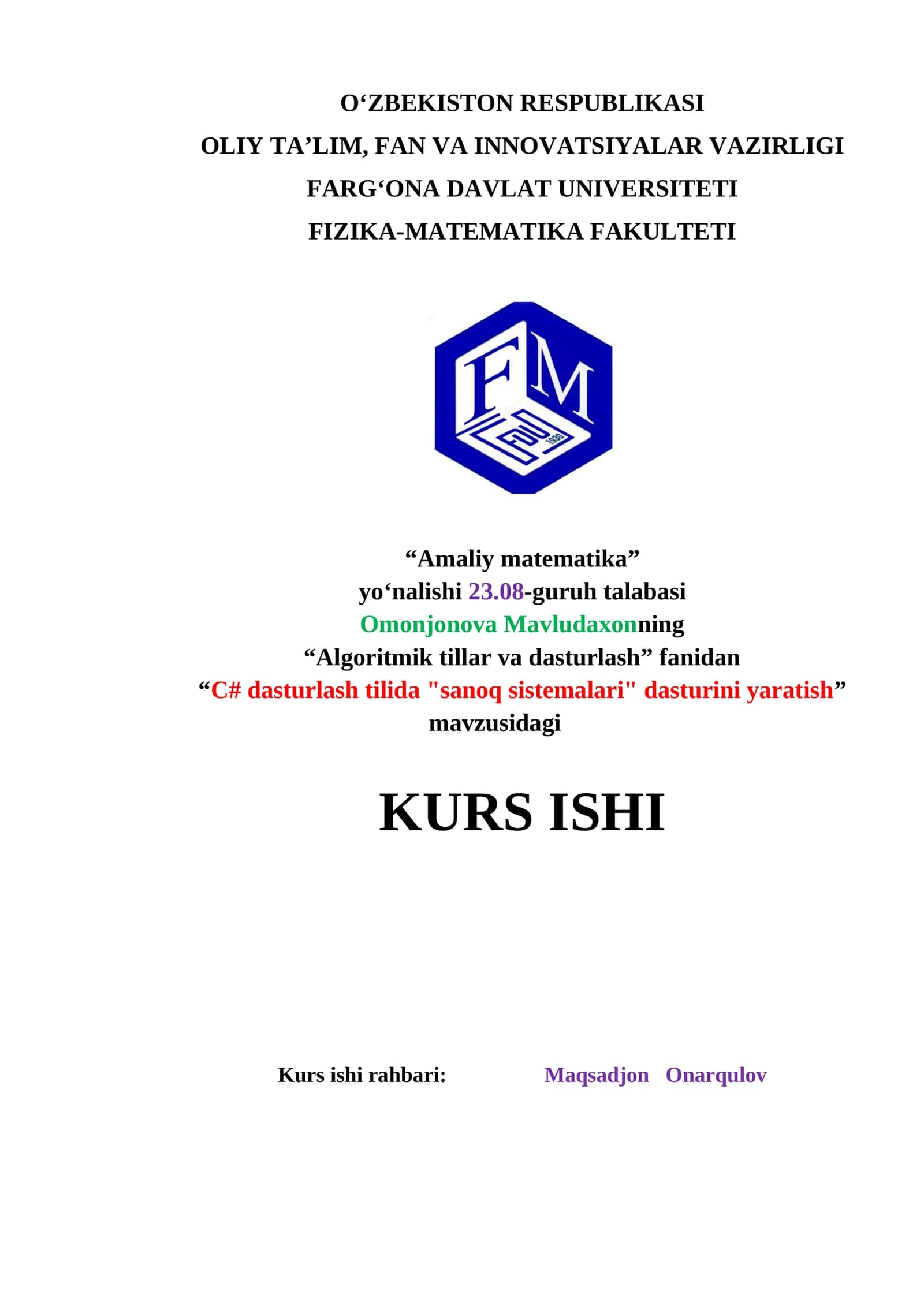 C# dasturlash tilida "sanoq sistemalari" dasturini yaratish kurs ishi 1