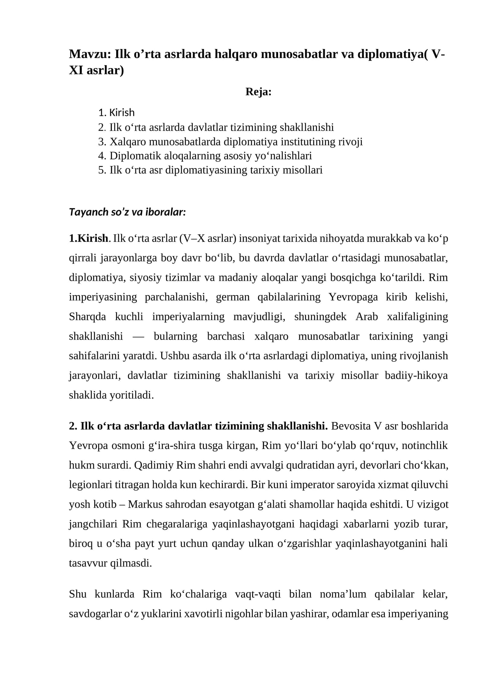 Ilk o’rta asrlarda halqaro munosabatlar va diplomatiya( V-XI asrlar) 1
