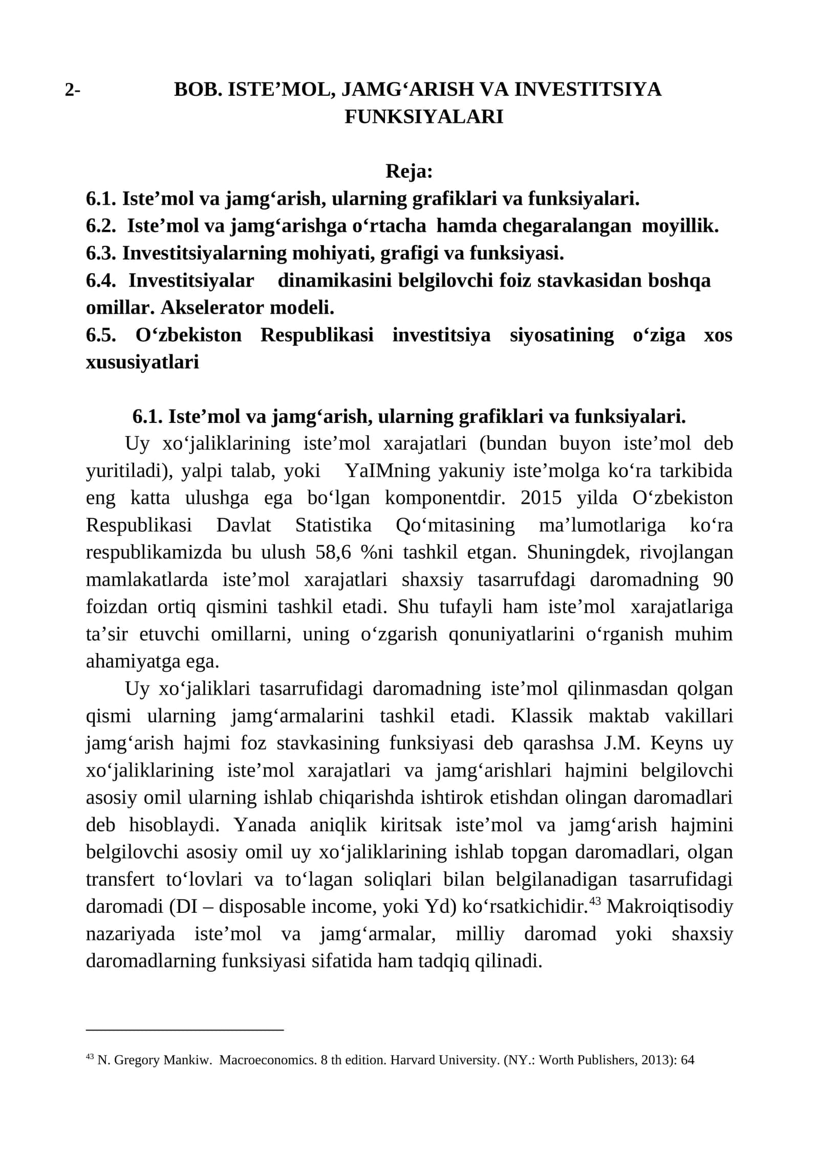 Bob. Iste’mol, Jamg‘arish va Investitsiya Funksiyalari 1