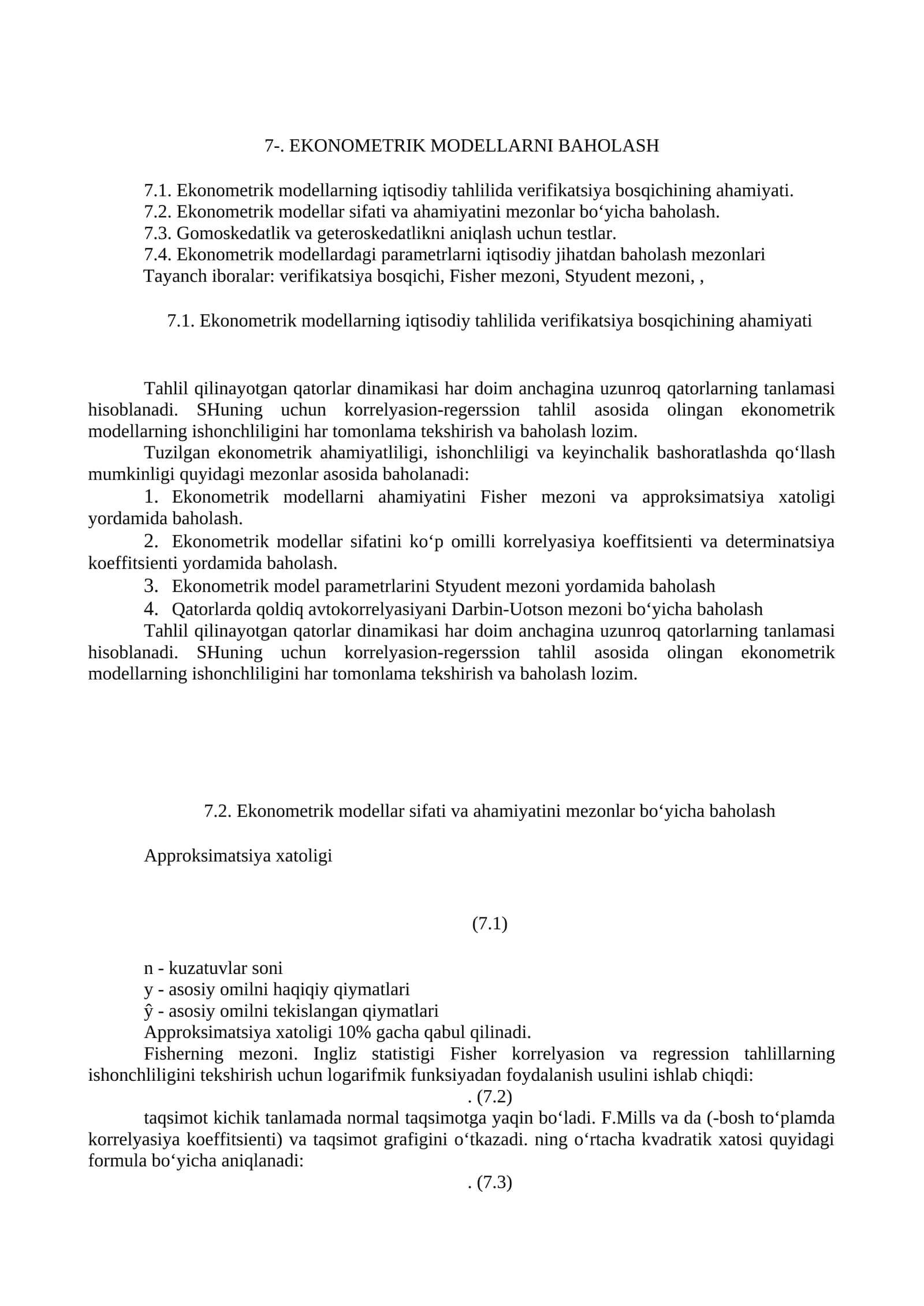 EKONOMETRIK MODELLARNI BAHOLASH 1