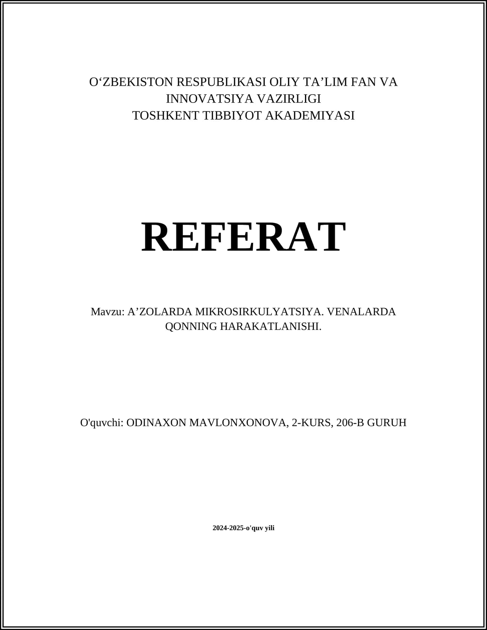 A’ZOLARDA MIKROSIRKULYATSIYA. VENALARDA QONNING HARAKATLANISHI 1