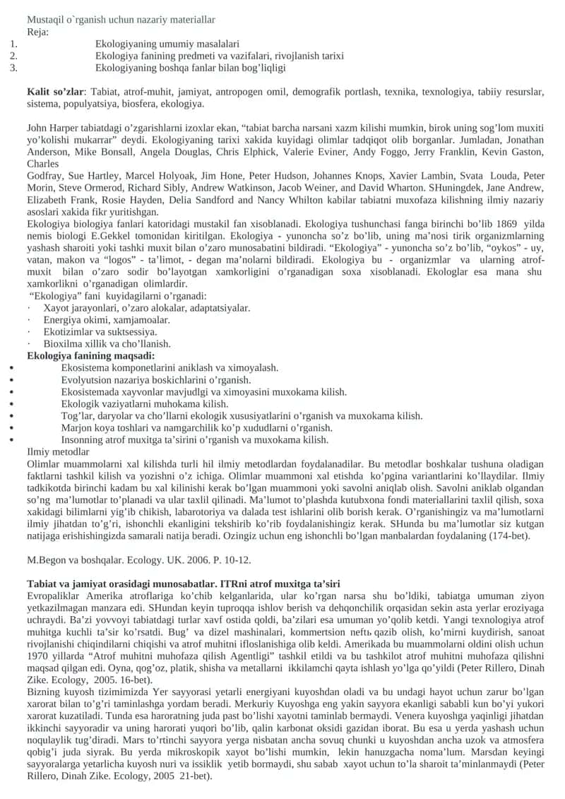 Ekologiya fanining umumiy masalalari 1
