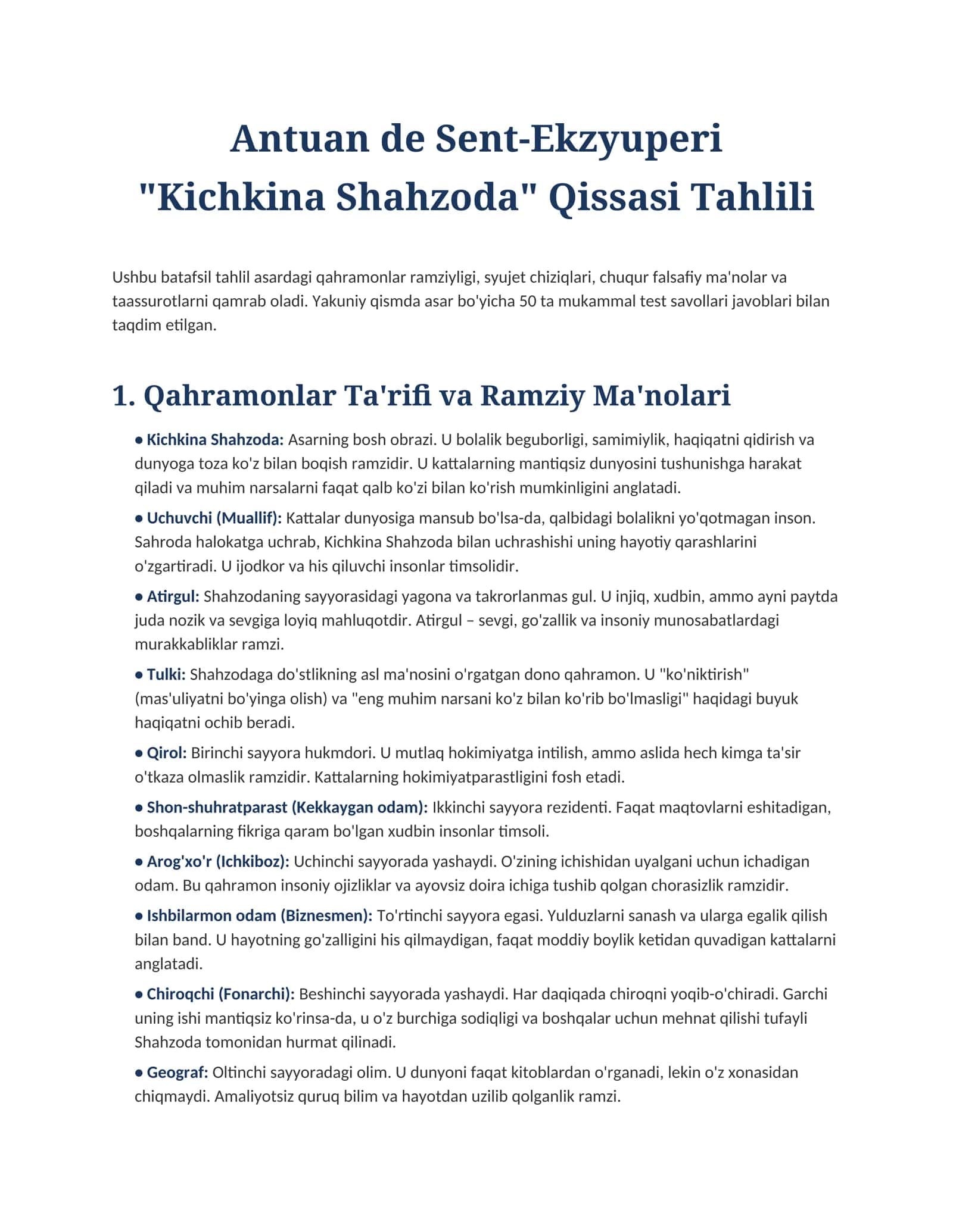 "Kichkina Shahzoda" Qissasi Tahlili 1