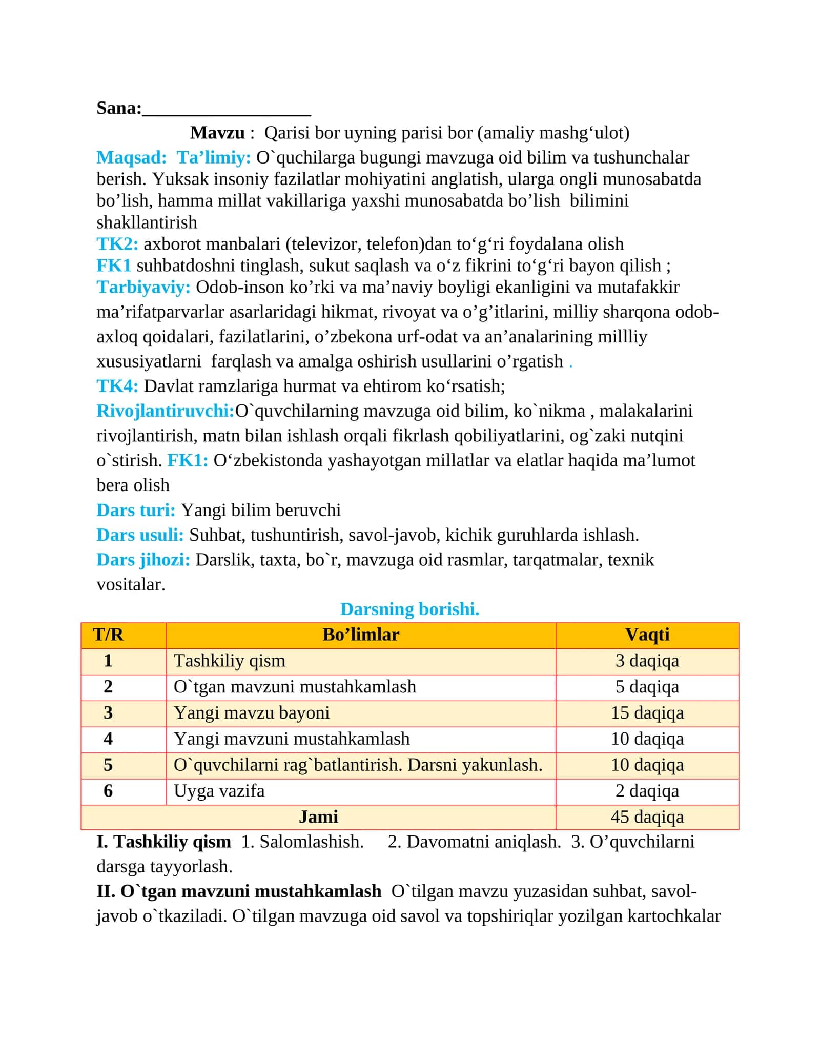 2-sinf Tarbiya Qarisi bor uyning parisi bor dars ishlanma 1