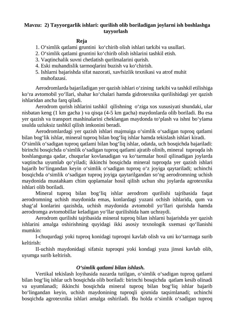 Tayyorgarlik ishlari: qurilish olib boriladigan joylarni ish boshlashga tayyorlash 1