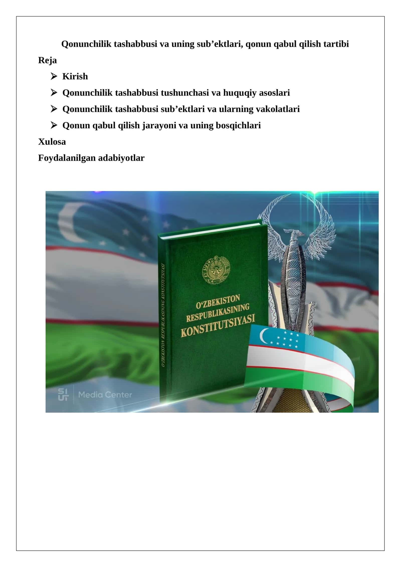 Qonunchilik tashabbusi va uning sub’ektlari, qonun qabul qilish tartibi 1