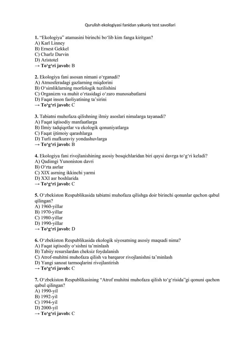 Qurulish ekologiyasi fanidan yakuniy test savollari 1