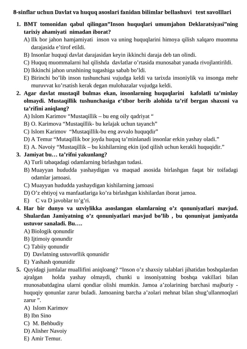 Davlat va huquq asoslari test savolllari 1