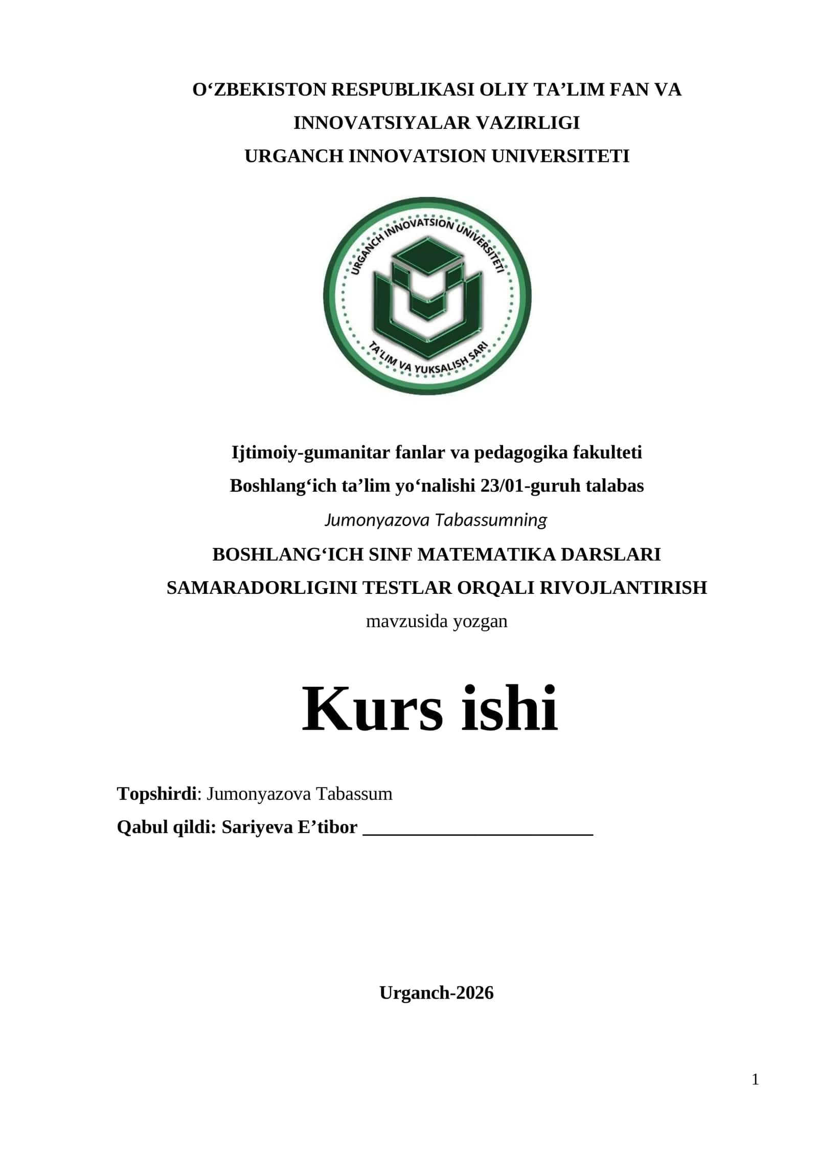 BOSHLANG‘ICH SINF MATEMATIKA DARSLARI SAMARADORLIGINI TESTLAR ORQALI RIVOJLANTIRISH 1