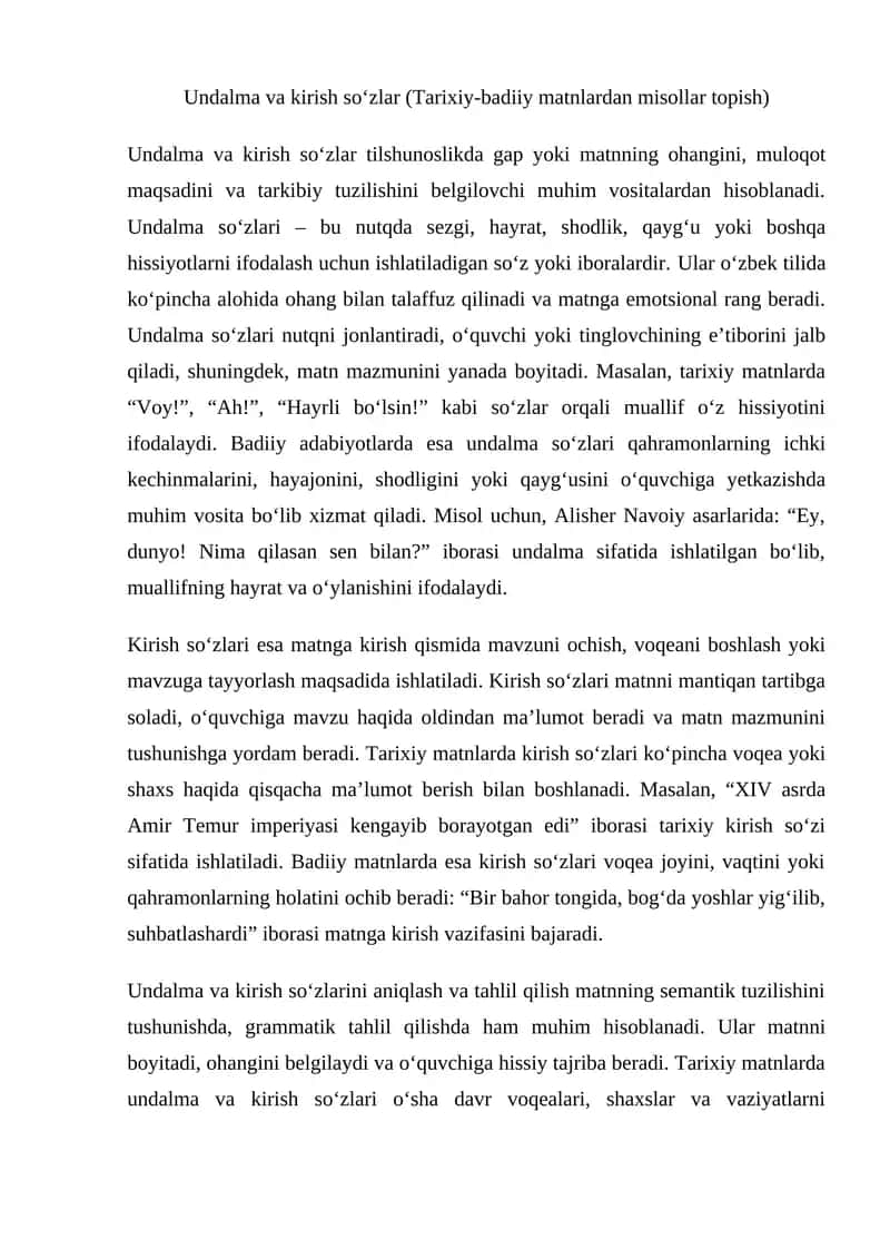 Undalma va kirish so‘zlar (Tarixiy-badiiy matnlardan misollar topish) 1