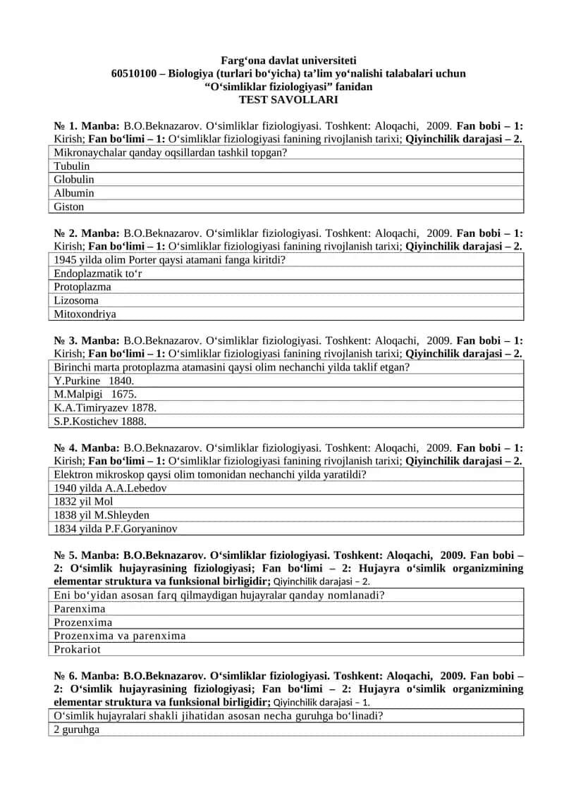 Oʻsimliklar fiziologiyasi TEST SAVOLLARI 1