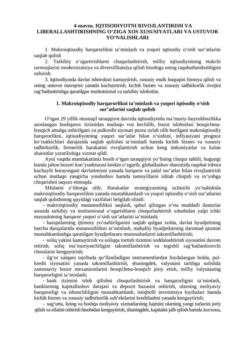 IQTISODIYOTNI RIVOJLANTIRISH VA LIBERALLASHTIRISHNING O‘ZIGA XOS XUSUSIYATLARI VA USTUVOR YO‘NALISHLARI 1