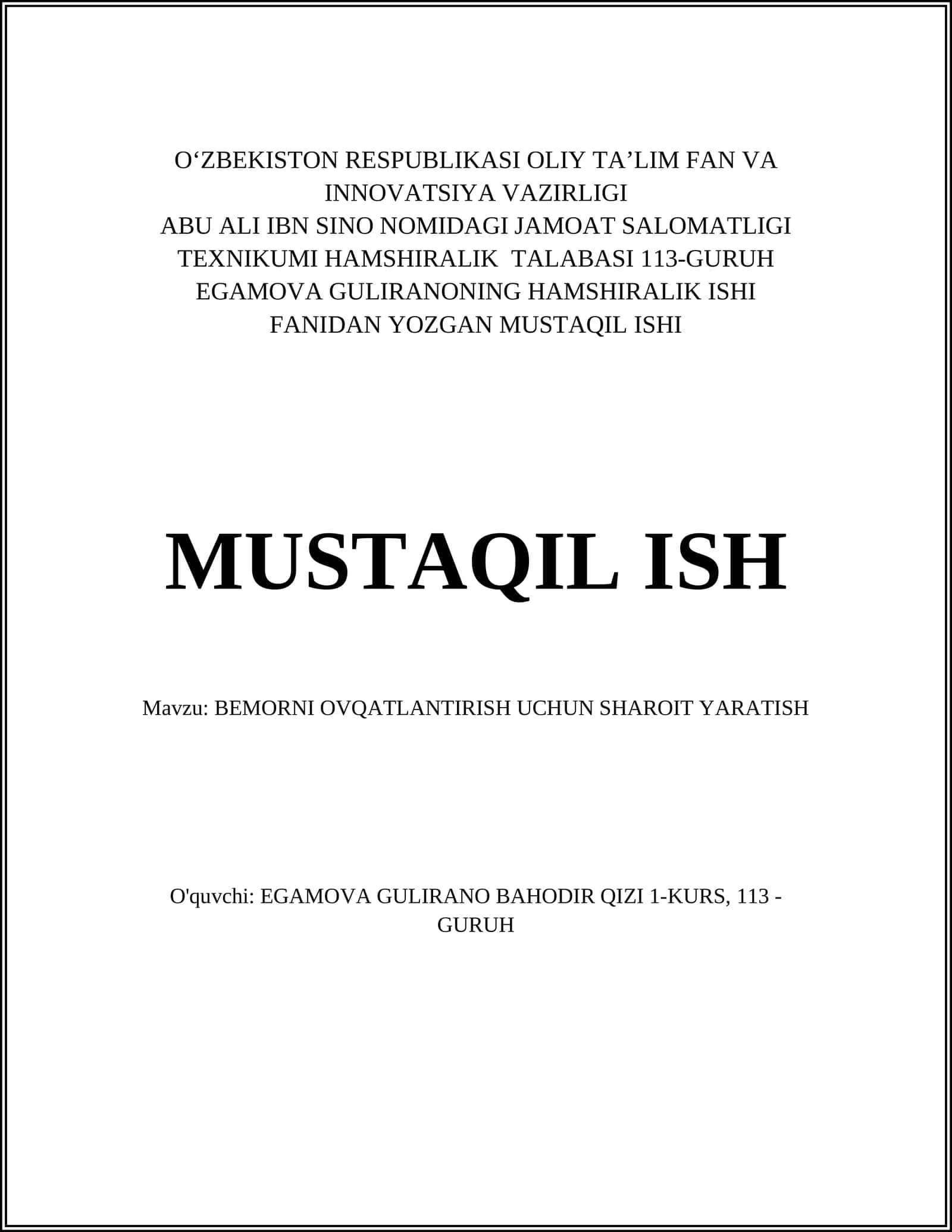 BEMORNI OVQATLANTIRISH UCHUN SHAROIT YARATISH 1