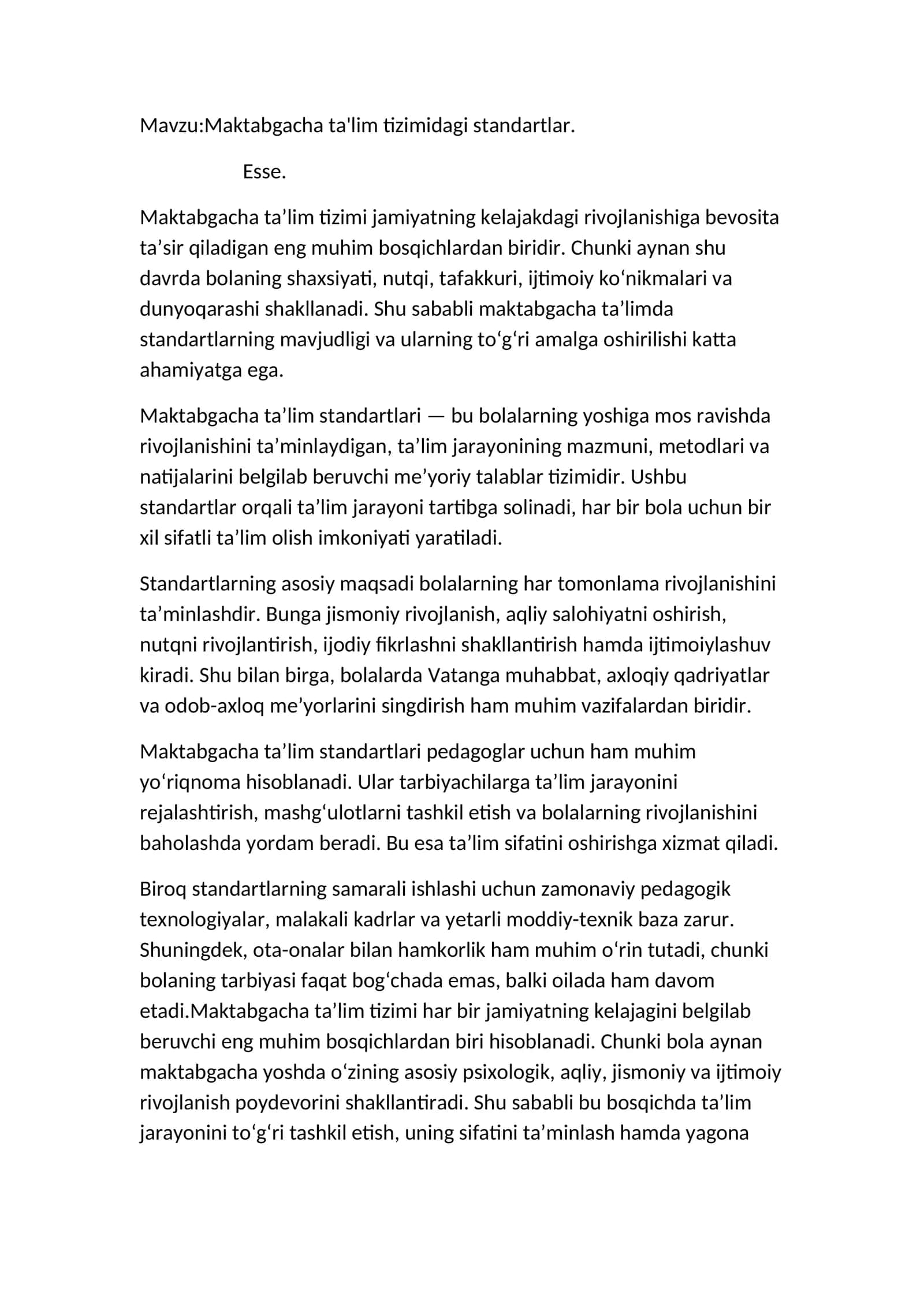 Maktabgacha ta'lim tizimidagi standartlar 1