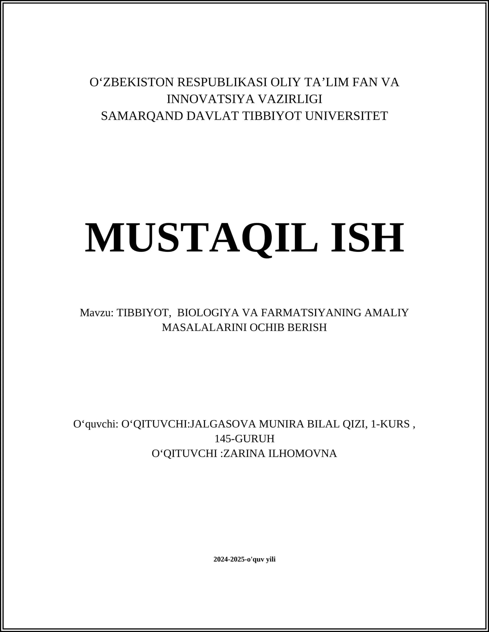 TIBBIYOT, BIOLOGIYA VA FARMATSIYANING AMALIY MASALALARINI OCHIB BERISH 1
