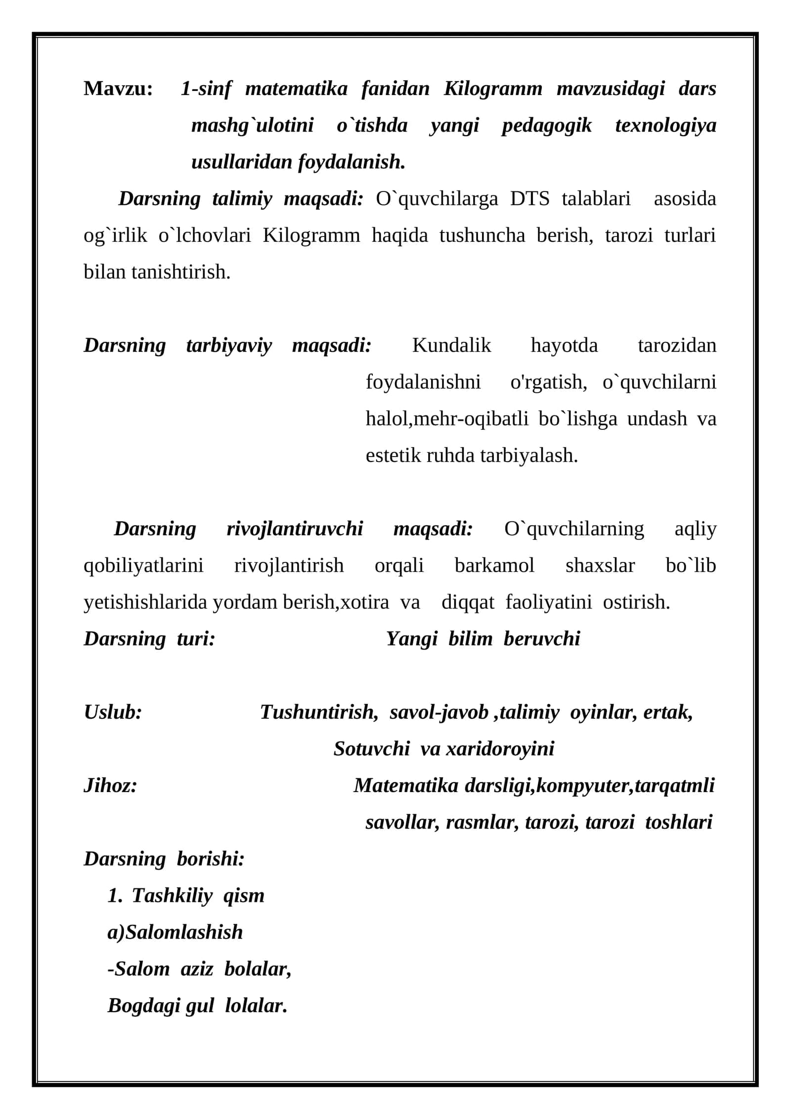 1-sinf matematika fanidan Kilogramm mavzusidagi dars mashg`uloti 1