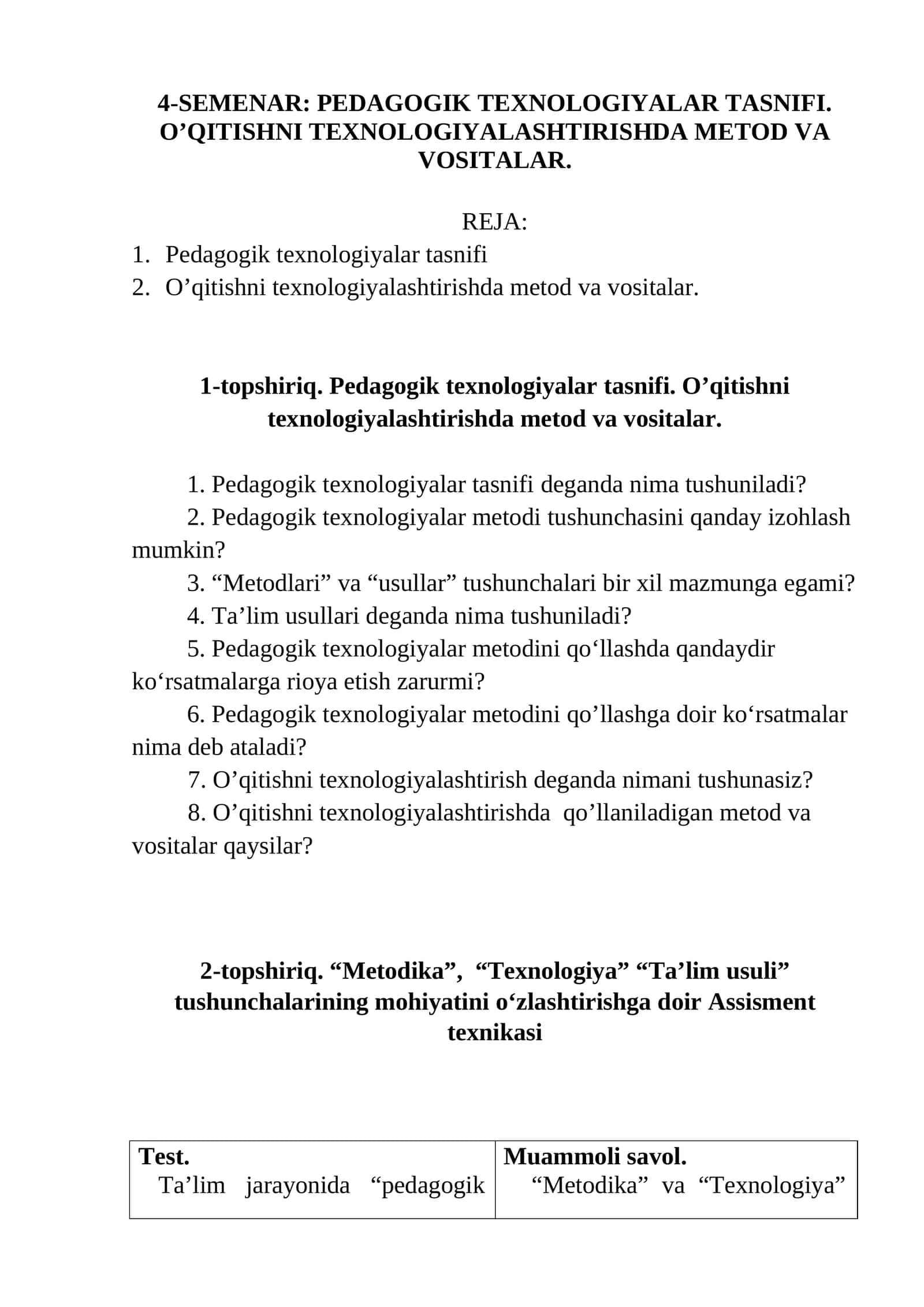 PEDAGOGIK TEXNOLOGIYALAR TASNIFI. O’QITISHNI TEXNOLOGIYALASHTIRISHDA METOD VA VOSITALAR 1