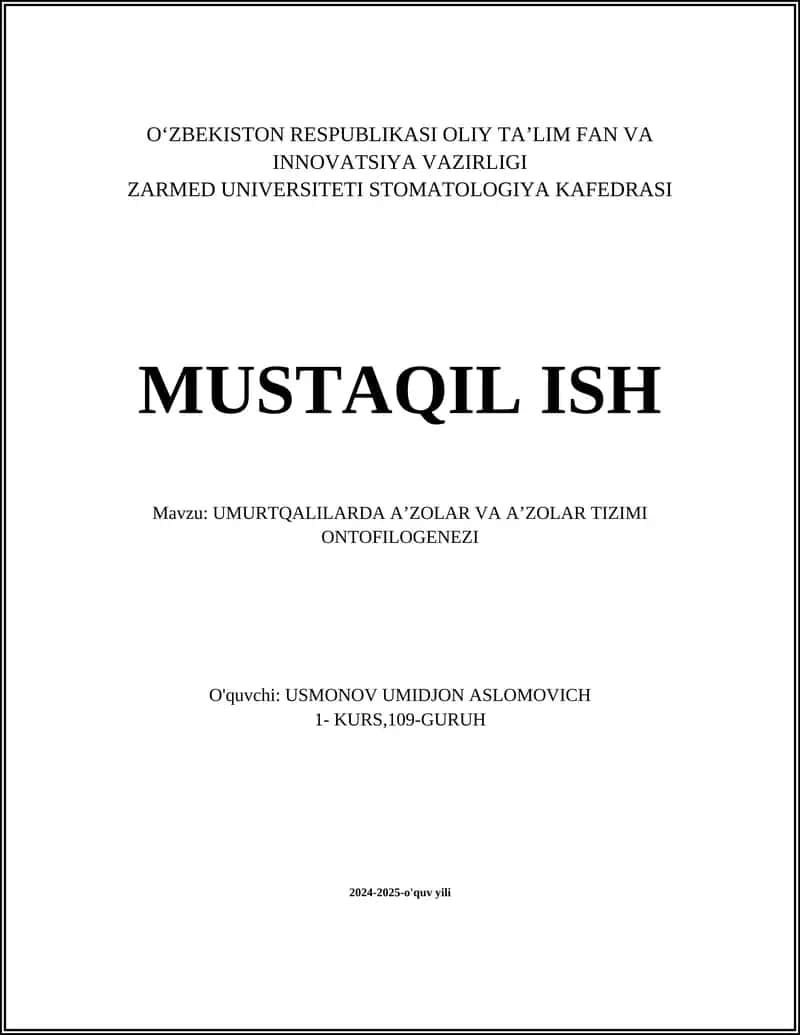 UMURTQALILARDA AʼZOLAR VA AʼZOLAR TIZIMI ONTOFILOGENEZI 1