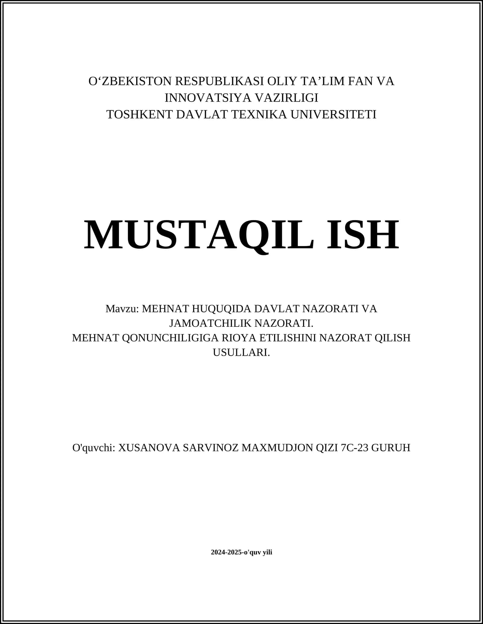 MEHNAT HUQUQIDA DAVLAT NAZORATI VA JAMOATCHILIK NAZORATI 1