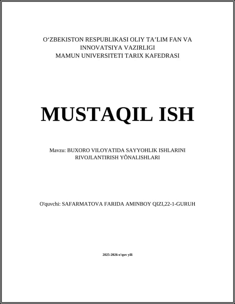 Buxoro Viloyatida Sayyohlik Ishlarini Rivojlantirish Yo'nalishlari 1